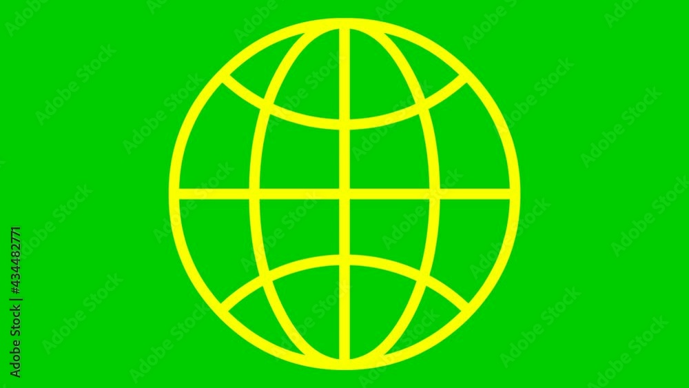 Animated icon of globe. Line yellow symbol of planet. Concept of net, web, internet. Vector illustration isolated on a green background. Animated icon of globe. Line yellow symbol of planet. Concept of net, web, internet. Vector illustration isolated on a green background.