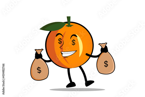 Orange Cartoon mascot or character carries a sack of money, a paycheck from his business