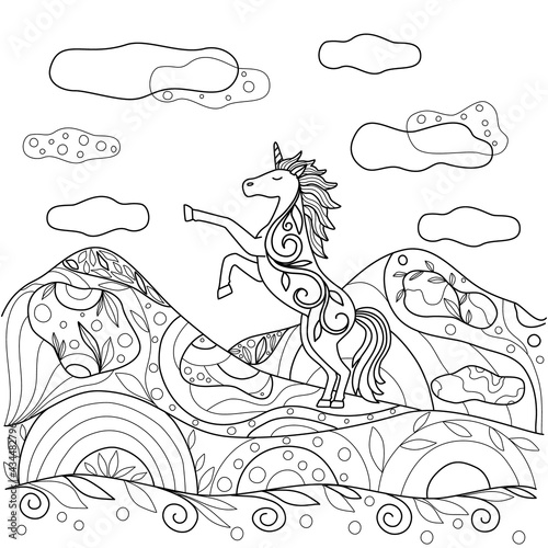 A unicorn stands on its hind legs in nature. Magic horse with an ornament near the mountains, black outline on white. Cute unusual coloring book for children and adults, vector illustration