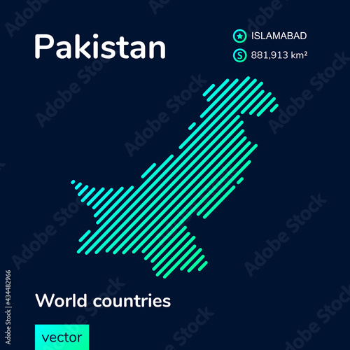 Map of Pakistan. Vector creative digital neon flat line art abstract simple map with green, mint, turquoise striped texture on dark blue background. Educational banner, poster about Pakistan