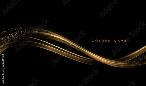 Abstract Gold Waves. Shiny golden moving lines design element with glitter effect on dark background for greeting card and disqount voucher.