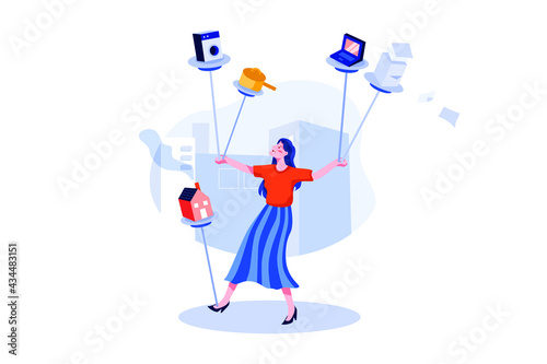 Multitasking and time management concept. Flat illustration isolated on white background.