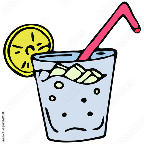 cocktail glass with straw, ice and lemon circle - refreshing drink, vector color doodle element with black outline