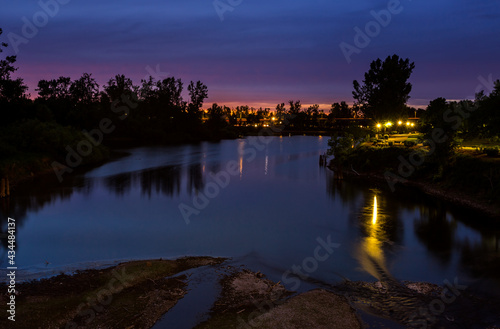 Beautiful  after-sunset reflection over the river. Willamette river in Oregon  USA