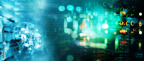 blue digital technology blur city light line and head of human in artificial intelligence or AI concept banner business background