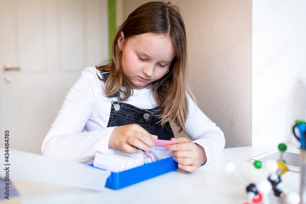 pretty young schoolgirl sitting on her desk in her room at home learning english vocabulary using flashcards during corona time pretty young schoolgirl sitting on her desk in her room at home learning english vocabulary using flashcards during corona time