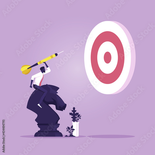 Hit business targets-Targeting the business concept, businessman riding knight chess and holding dart aim at a target, Achievement goals with strategy
