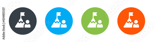 Ambition and challenge concept. Man stand near mountain with flag on top icon. Mission vector illustration