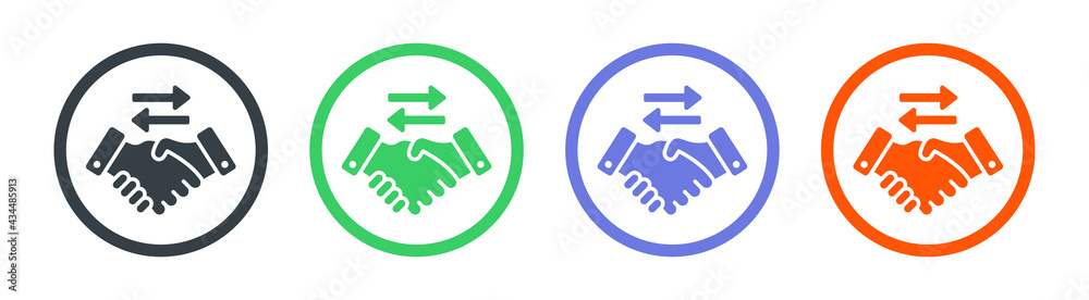 Trade concept. Handshake with exchange arrow icon isolated on white background. Vector illustration Trade concept. Handshake with exchange arrow icon isolated on white background. Vector illustration