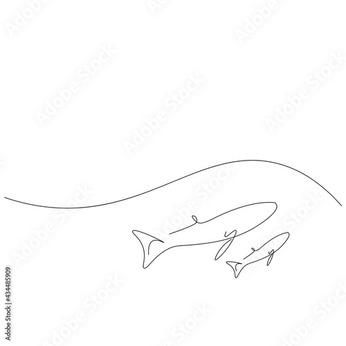 Whales family on sea line drawing vector illustration