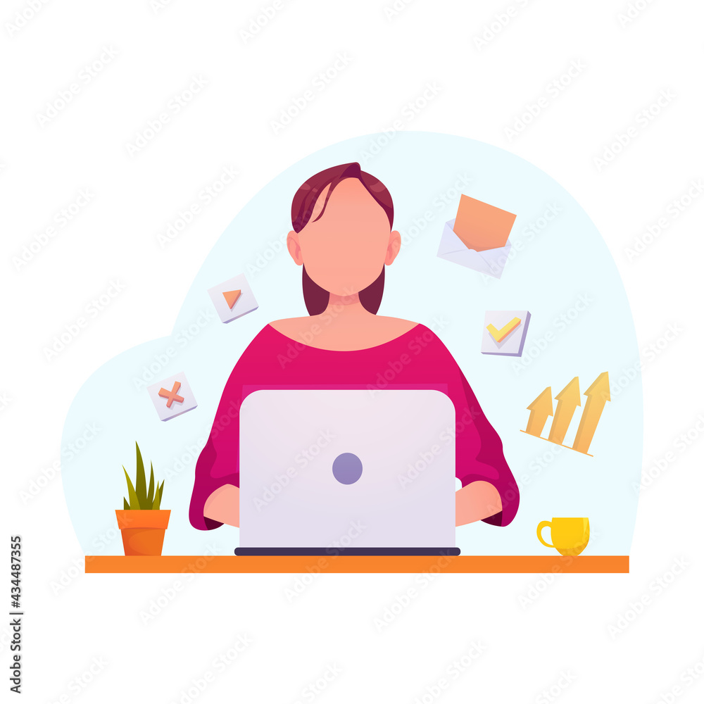 Women Work at Home. Characters Sitting at Tables in Rooms, Viewing Computer Screens and Talking to Online Colleagues. Home Office Concept. Women Work at Home. Characters Sitting at Tables in Rooms, Viewing Computer Screens and Talking to Online Colleagues. Home Office Concept.