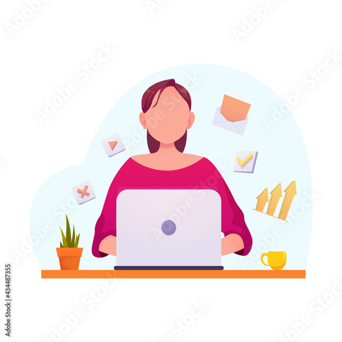 Women Work at Home. Characters Sitting at Tables in Rooms, Viewing Computer Screens and Talking to Online Colleagues. Home Office Concept.