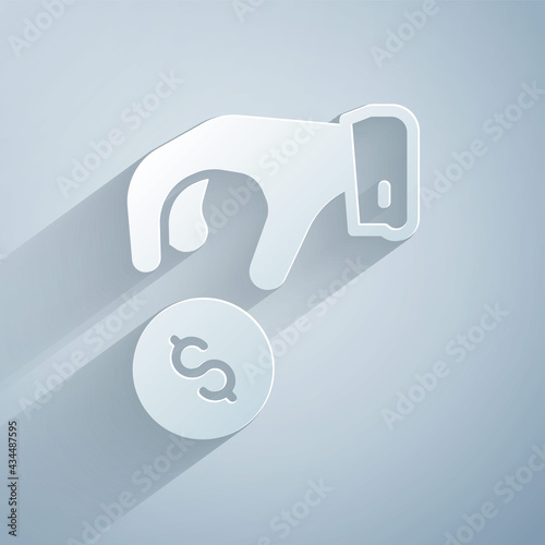Paper cut Donate or pay your zakat as muslim obligatory icon isolated on grey background. Muslim charity or alms in ramadan kareem before eid al-fir. Paper art style. Vector
