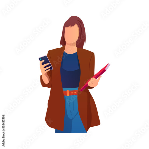 Young People Looking For Smartphones. Beautiful working woman talking and typing. Female Character Holding Phone. Flat Cartoon Vector Illustration.