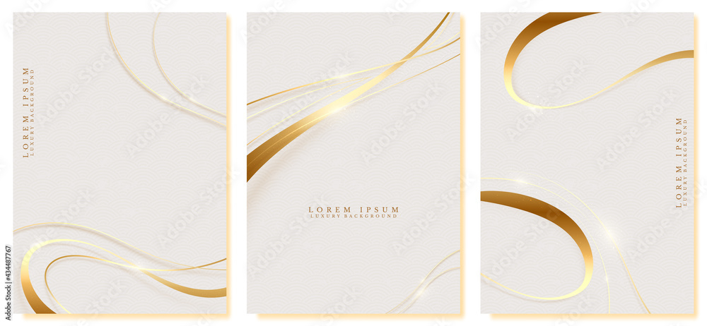 Golden curve lines sparkled with glitter. Set of luxury background minimal trend japanese style. Vector illustration for design.