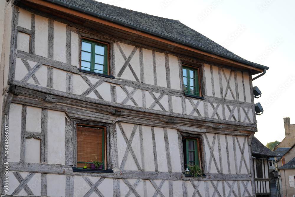 typical half-timbered house in the center of donzenac village in creuse