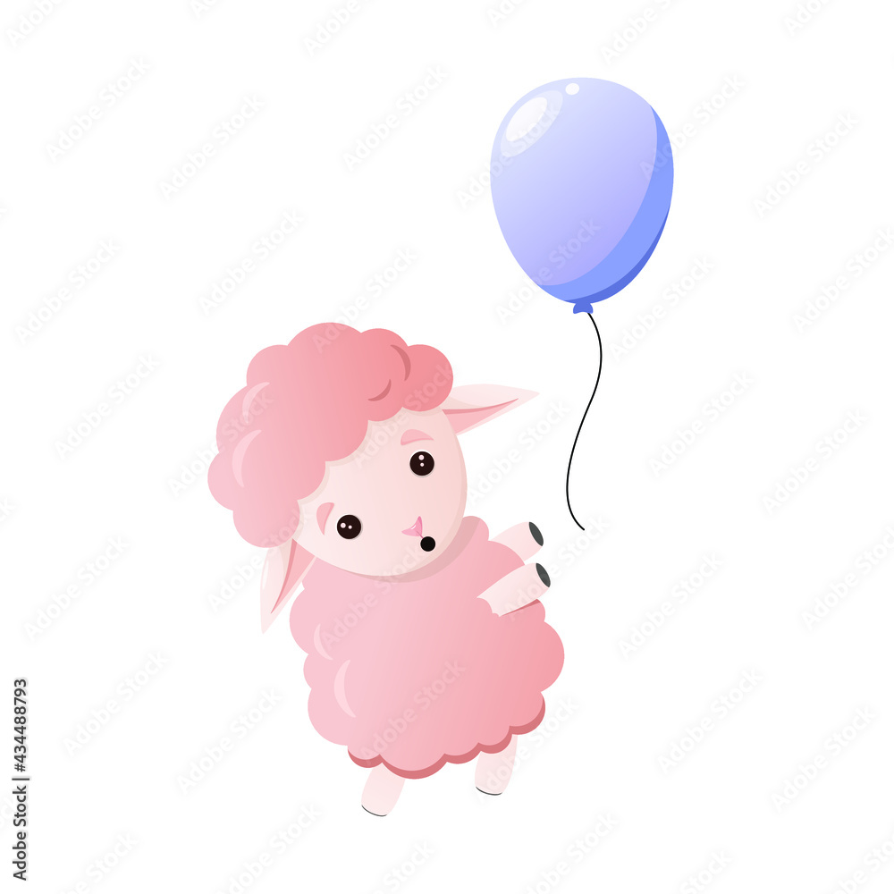 Cute fluffy pink sheep is running after the balloon. Children's animal illustration.