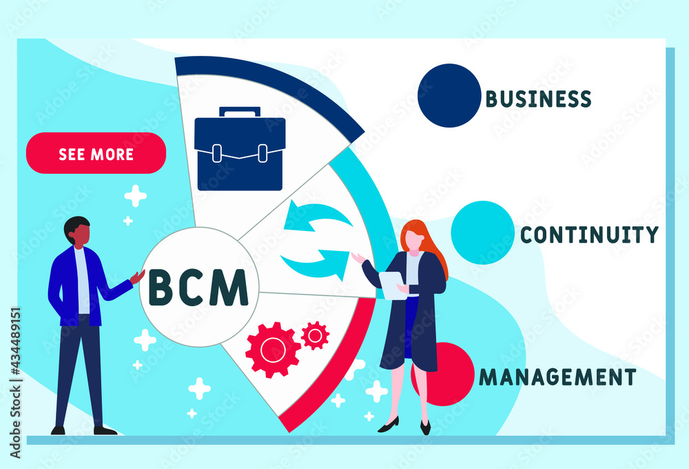 Vector website design template . BCM - Business Continuity Management acronym. business concept. illustration for website banner, marketing materials, business presentation, online advertising.