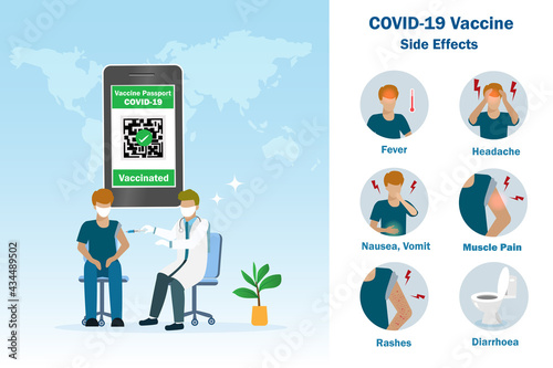 Covid-19 vaccine side effects infographics and vaccine passport concept. Doctor holding syringe injecting Covid-19 vaccine to man with QR code immune certified on smart phone.