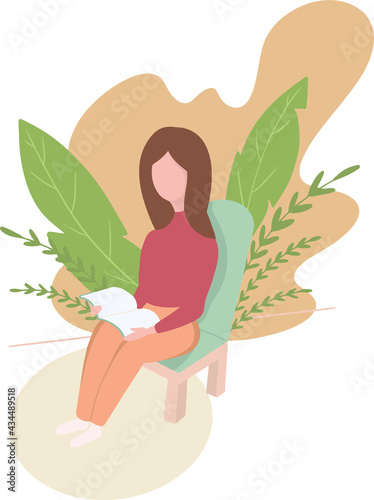 Vector illustration of a girl sitting on a chair with a book and flowers. Works remotely or as a freelancer