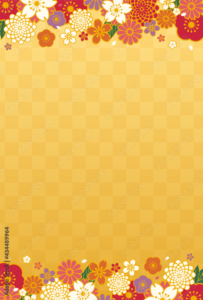 和柄の花と金の市松模様のベクターイラストフレーム背景 コピースペース Stock Vector Adobe Stock