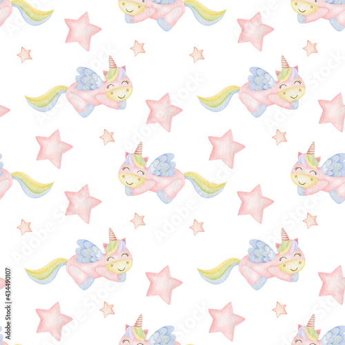 Watercolor seamless pattern of unicorns and stars on a white background.