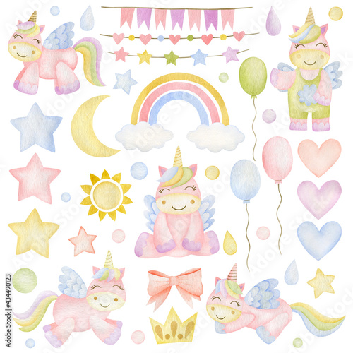Watercolor set of stars, rainbow, unicorn, raindrop, cloud, sun, moon, crown, flags for the holiday isolated on white background.