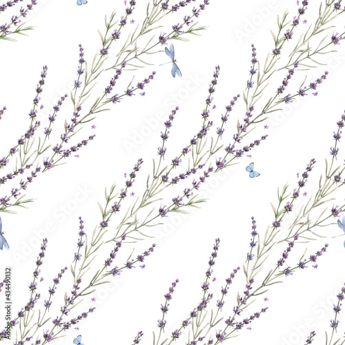 Beautiful seamless floral provence pattern with watercolor hand drawn gentle lavander flowers. Stock illustration.