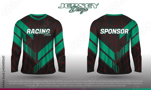 Long sleeve sports racing suit. Front back t-shirt design. Templates for team uniforms. Sports design for football, racing, cycling, gaming jersey. Vector.