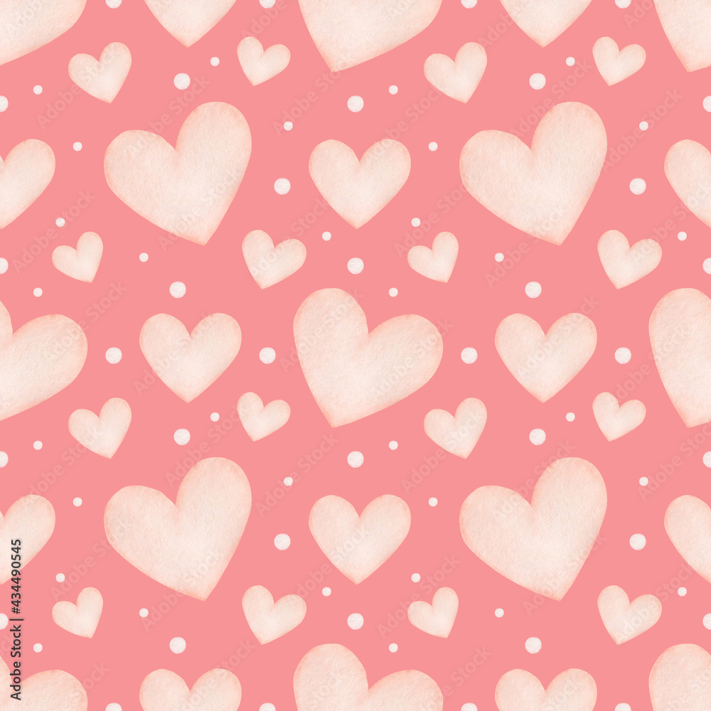 Watercolor seamless pattern pink hearts on a pink background.