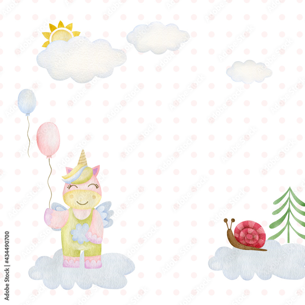 Watercolor background. Illustration of a unicorn, clouds, snail, sun, forest.