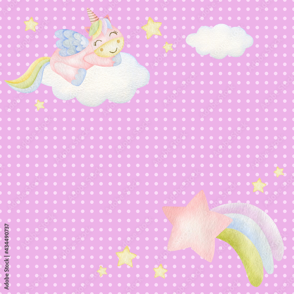 Watercolor illustrations of unicorn, clouds, rainbow with a star on a purple background in a pink circle.