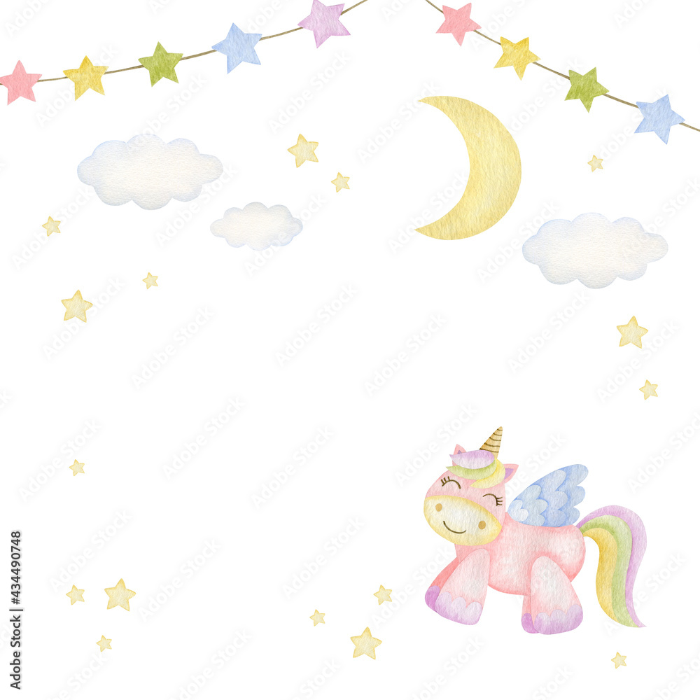 Watercolor illustrations of unicorn, clouds, moon, stars, flags on a white background.