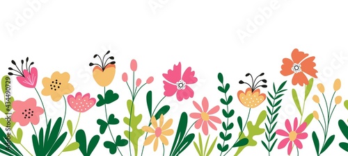 Horizontal seamless floral border on a white background. Banner or background with colorful blooming flowers and leaves. Spring and summer botanical border, flat vector illustration.