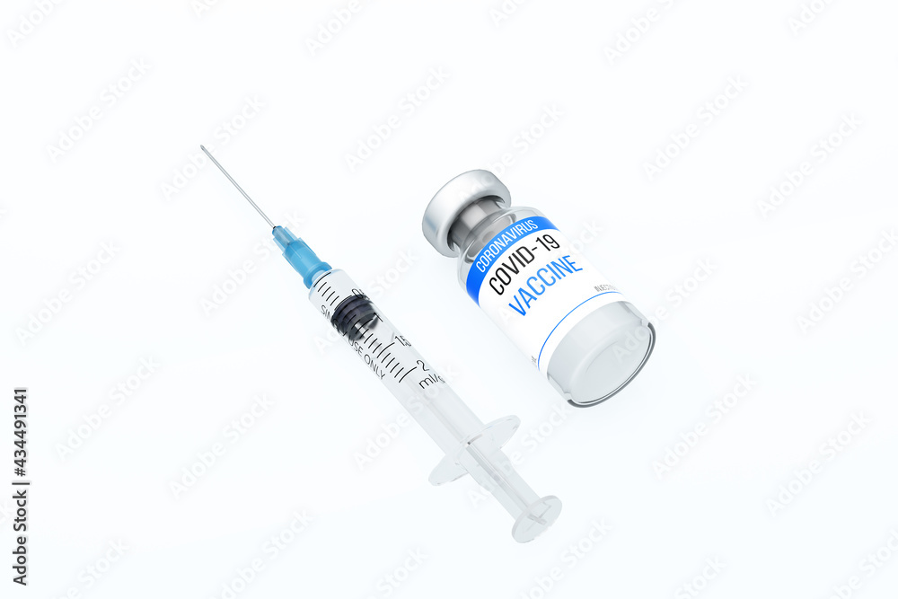 A bottle of coronavirus vaccine. Ampoule and syringe filled with medicine. Injection against the COVID-19 virus. Copy space. 3D rendering A bottle of coronavirus vaccine. Ampoule and syringe filled with medicine. Injection against the COVID-19 virus. Copy space. 3D rendering