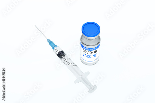 A bottle of coronavirus vaccine. Ampoule and syringe filled with medicine. Injection against the COVID-19 virus. Copy space. 3D rendering