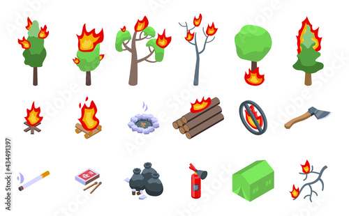 Burning forest icons set. Isometric set of burning forest vector icons for web design isolated on white background