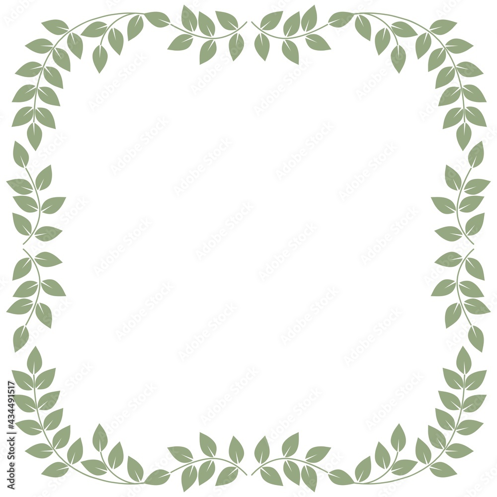 The floral ornament creates a square frame. Green branches with leaves on a white background with copy space for text. The floral ornament creates a square frame. Green branches with leaves on a white background with copy space for text.