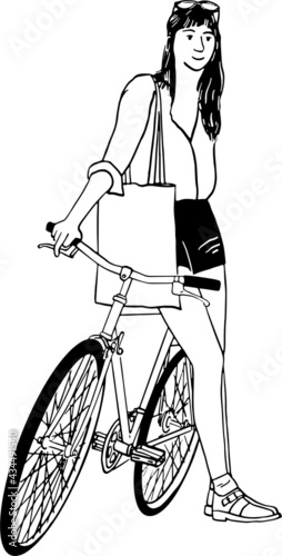 Woman with bicycle hipster People city lifestyle Hand drawn line art illustration