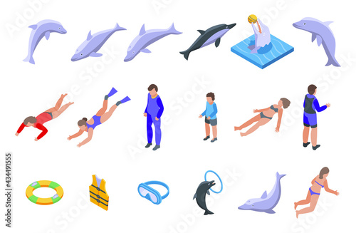 Swim with dolphins icons set. Isometric set of swim with dolphins vector icons for web design isolated on white background