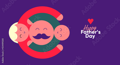 Father's Day is a day of honouring fatherhood and paternal bonds. Children hug dad. Flat vector illustration. Minimalistic background for poster, postcard, banner.