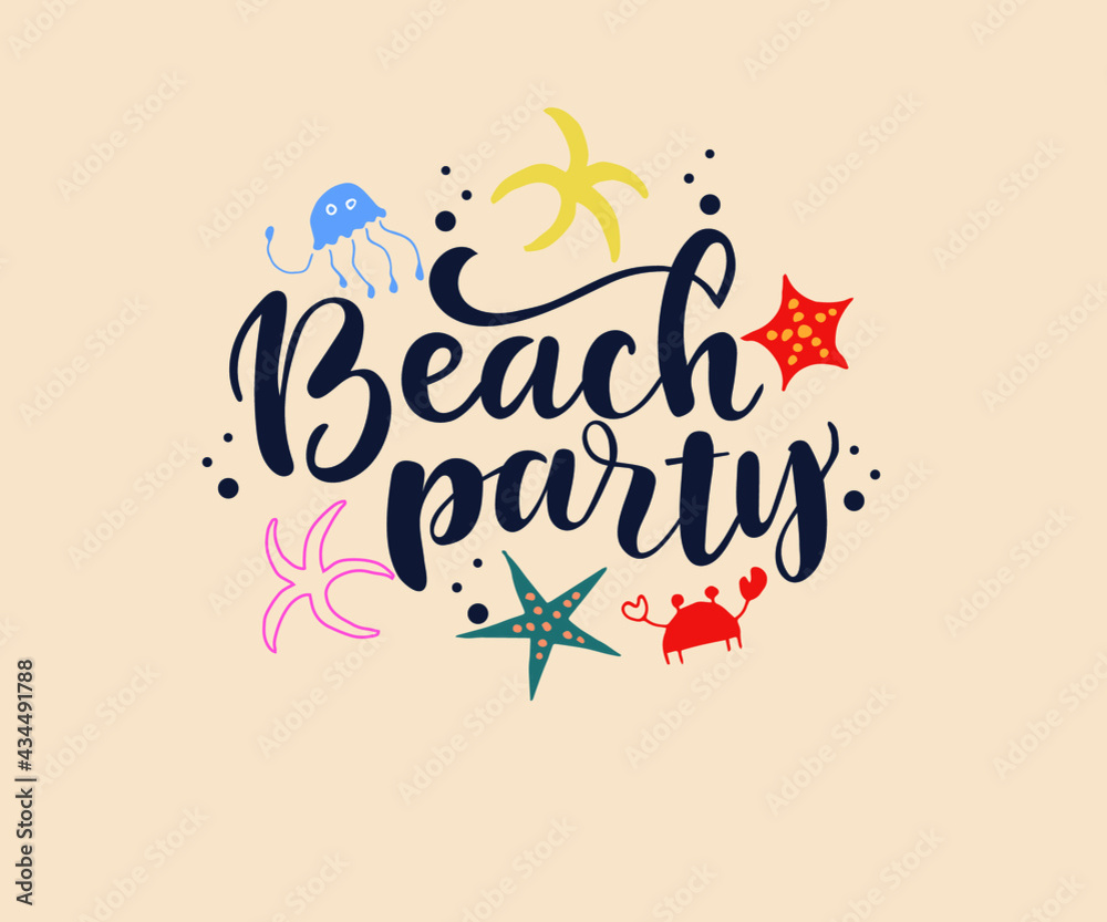 Plakat Beach Party odręczny napis. Na białym tle. Element graficzny typografii inspiracji na zaproszenie, baner, karta, plakat, ulotka, T-shirt.