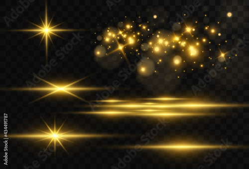 Beautiful bright horizontal flare. Golden glare on a transparent background. Light stripes on a dark background. Yellow rays.	
