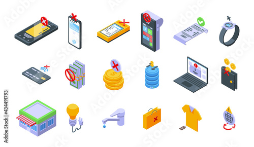 Payment cancellation icons set. Isometric set of payment cancellation vector icons for web design isolated on white background