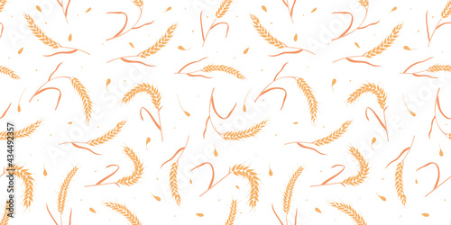 Seamless pattern with whole grain seeds organic, natural ears isolated on white background flat style design vector illustration. Wheat, barley or rye ears with straw chaotic version.