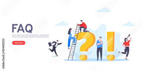 Q and A or FAQ concept with tiny people characters, big question and exclamation mark, frequently asked questions template. Answers business support concept flat style design vector illustration.