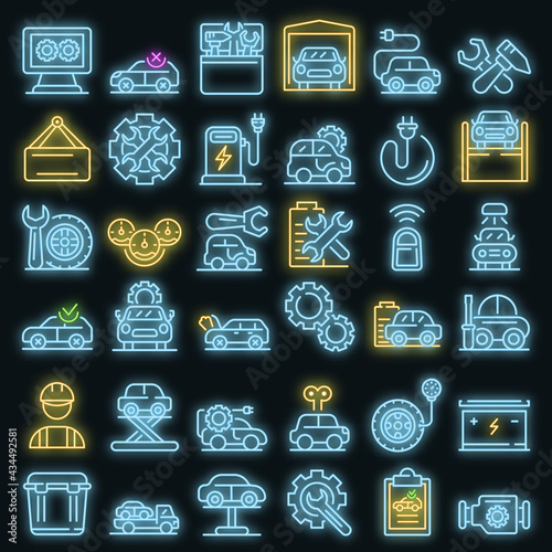 Electric vehicle repair icons set. Outline set of electric vehicle repair vector icons neon color on black