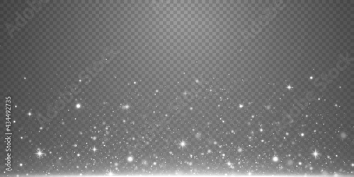 Christmas background. Powder dust light white PNG. Magic shining white dust. Fine, shiny dust particles fall off slightly. Fantastic shimmer effect.