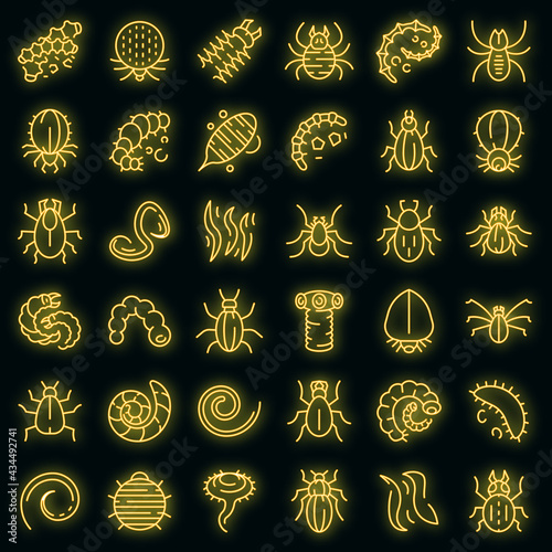 Parasite icons set. Outline set of parasite vector icons neon color on black
