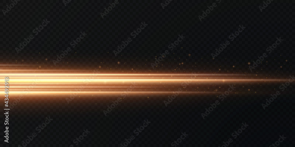 Gold horizontal lens flares pack. Laser beams, horizontal light rays. Beautiful light flares. Glowing streaks on light background. Luminous abstract sparkling lined background.